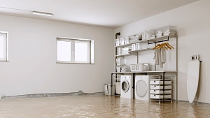 Flooded basement and shelf with washer and dryer in Washington DC