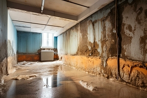 Wet, moldy unfinished flooded basement