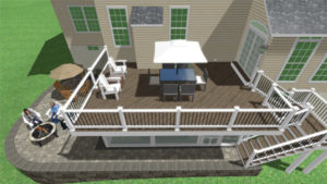 3D rendering showing additions plans for a backyard including a deck and a patio
