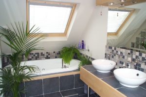 Blue tiled full bathroom with two sink bowls