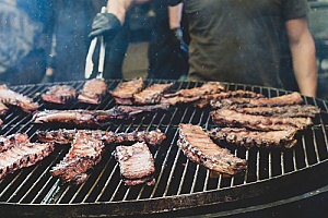 ribs on a backyard BBQ island grill