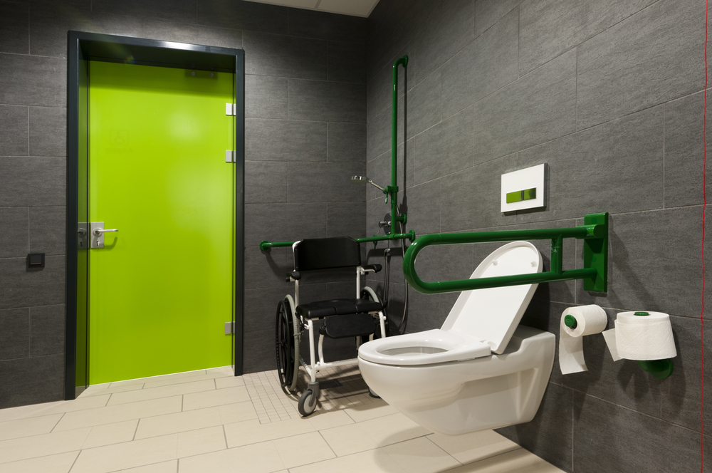 a toilet for disabled people with green bars, wheelchair and door