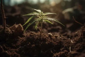 closeup of a cannabis seedling in cannabis soil