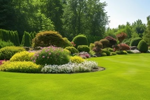 beautiful land graded lawn and flowerbed with deciduous shrubs on plot or park outdoor