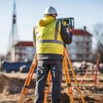 surveyor builder engineer with theodolite transit equipment at Northern VA construction site outdoors during surveying work