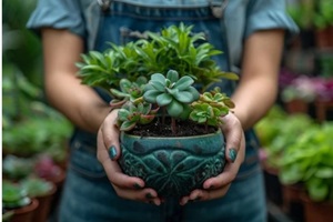 close-up of hands carefully holding a beautifully potted succulent plant in a greenhouse setting