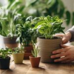 man in a gray sweater tenderly caring for his indoor plants in a brightly lit room