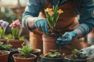 woman repotting flower plants at home garden